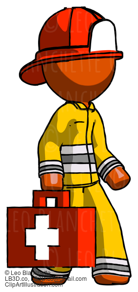 Orange Firefighter Fireman Man Walking With Medical Aid Briefcase To Right #12386