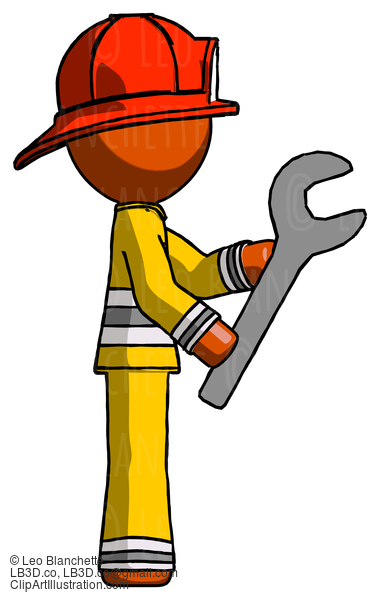 Orange Firefighter Fireman Man Using Wrench Adjusting Something To Right #12388