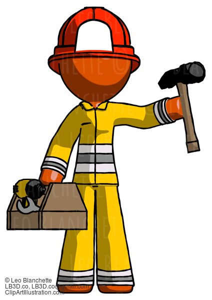 Orange Firefighter Fireman Man Holding Tools And Toolchest Ready To Work #12389