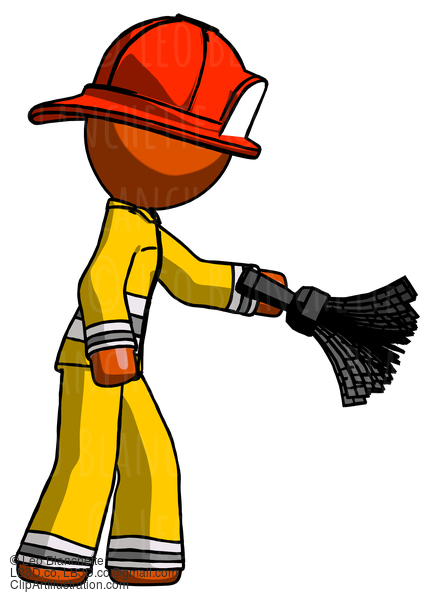 Orange Firefighter Fireman Man Dusting With Feather Duster Downwards #12397