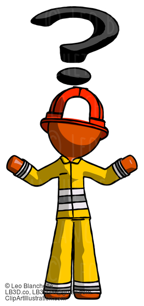 Orange Firefighter Fireman Man With Question Mark Above Head, Confused #12399