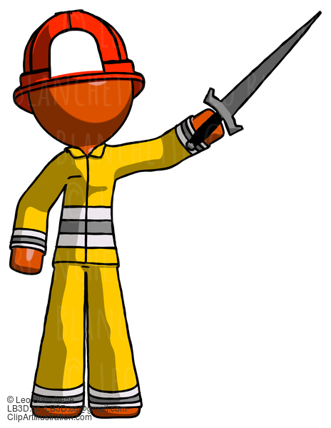 Orange Firefighter Fireman Man Holding Sword In The Air Victoriously #12401