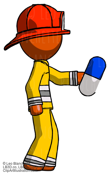 Orange Firefighter Fireman Man Holding Blue Pill Walking To Right #12405