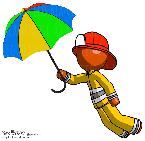 Orange Firefighter Fireman Man Flying With Rainbow Colored Umbrella #12406