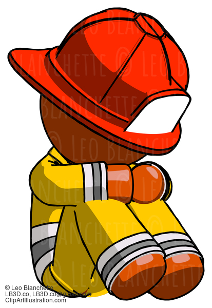 Orange Firefighter Fireman Man Sitting With Head Down Facing Angle Right #12409