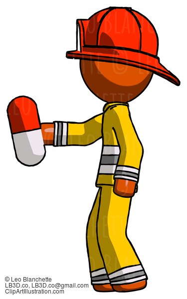 Orange Firefighter Fireman Man Holding Red Pill Walking To Left #12414