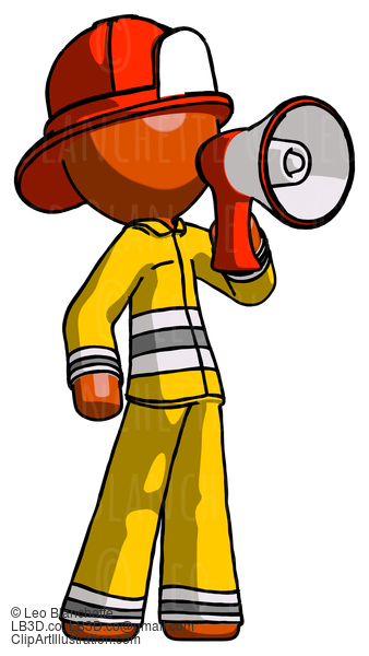 Orange Firefighter Fireman Man Shouting Into Megaphone Bullhorn Facing Right #12417