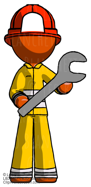 Orange Firefighter Fireman Man Holding Large Wrench With Both Hands #12418