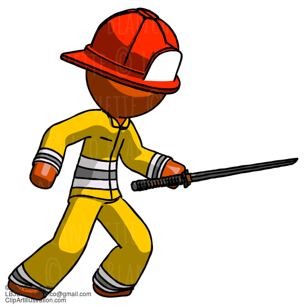 Orange Firefighter Fireman Man Stabbing With Ninja Sword Katana #12422