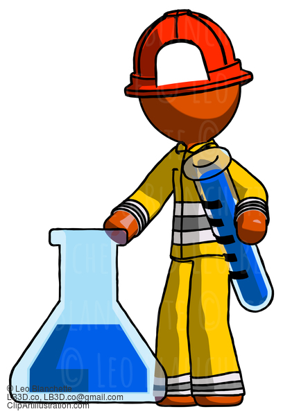 Orange Firefighter Fireman Man Holding Test Tube Beside Beaker Or Flask #12423