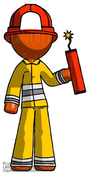 Orange Firefighter Fireman Man Holding Dynamite With Fuse Lit #12424