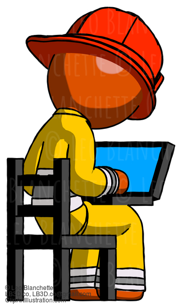 Orange Firefighter Fireman Man Using Laptop Computer While Sitting In Chair View From Back #12425