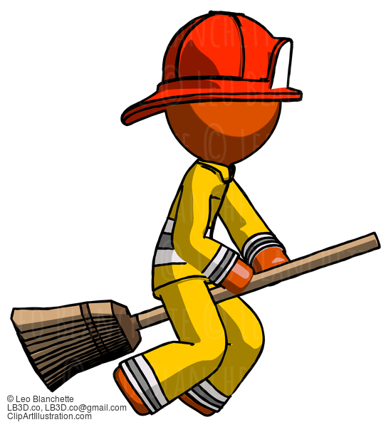 Orange Firefighter Fireman Man Flying On Broom #12428