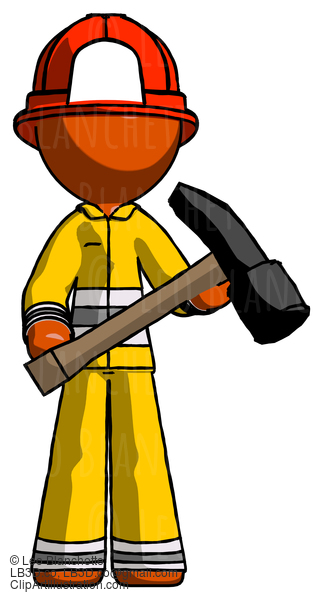 Orange Firefighter Fireman Man Holding Hammer Ready To Work #12431