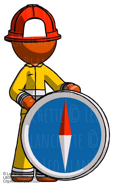 Orange Firefighter Fireman Man Standing Beside Large Compass #12439