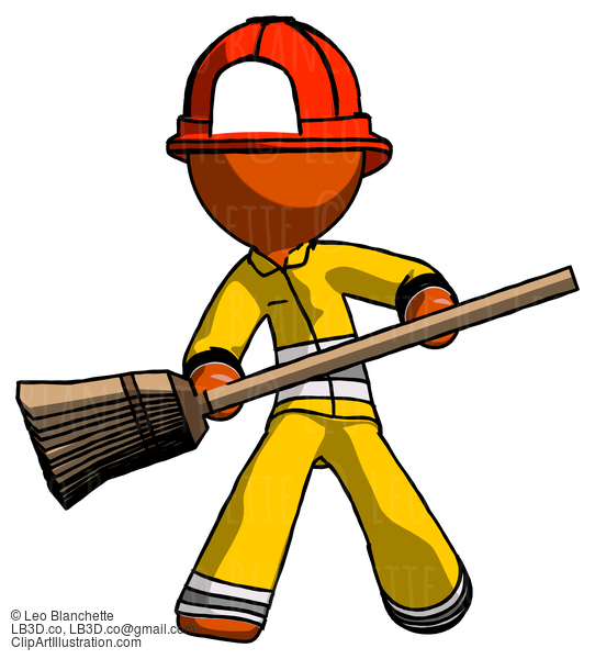 Orange Firefighter Fireman Man Broom Fighter Defense Pose #12440