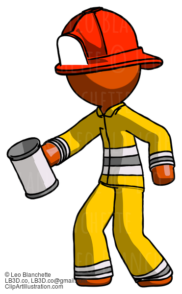 Orange Firefighter Fireman Man Begger Holding Can Begging Or Asking For Charity Facing Left #12446