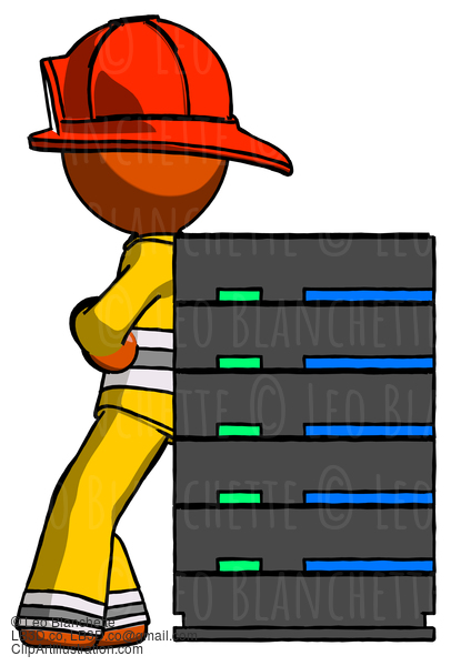 Orange Firefighter Fireman Man Resting Against Server Rack #12447