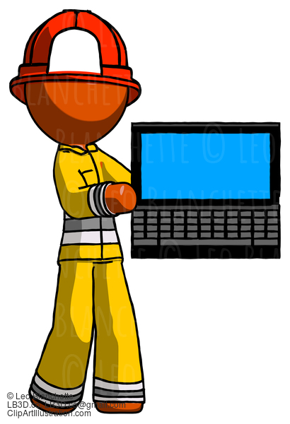 Orange Firefighter Fireman Man Holding Laptop Computer Presenting Something On Screen #12449