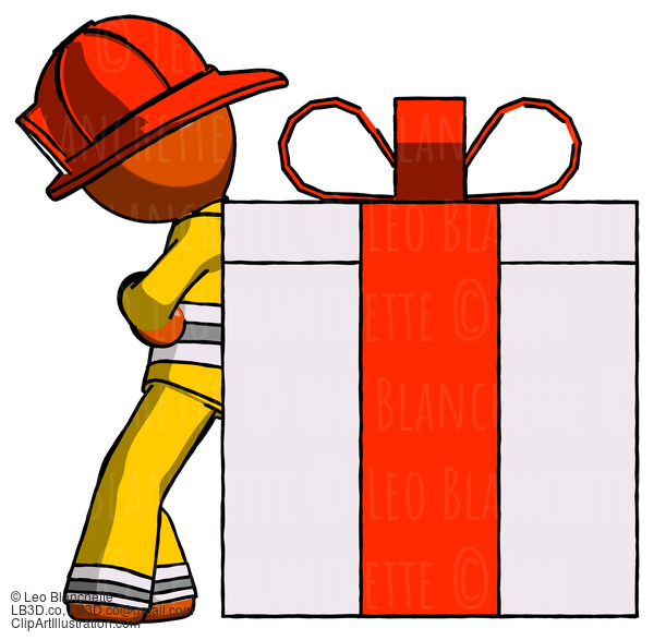 Orange Firefighter Fireman Man Gift Concept - Leaning Against Large Present #12450