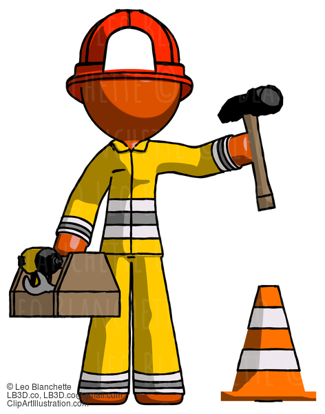 Orange Firefighter Fireman Man Under Construction Concept, Traffic Cone And Tools #12451