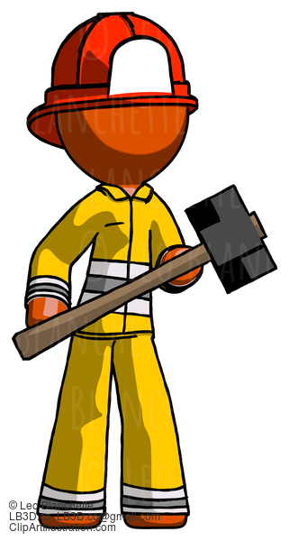 Orange Firefighter Fireman Man With Sledgehammer Standing Ready To Work Or Defend #12452