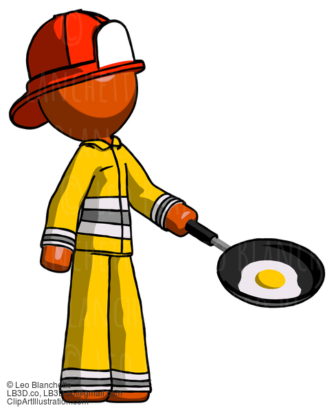 Orange Firefighter Fireman Man Frying Egg In Pan Or Wok Facing Right #12456