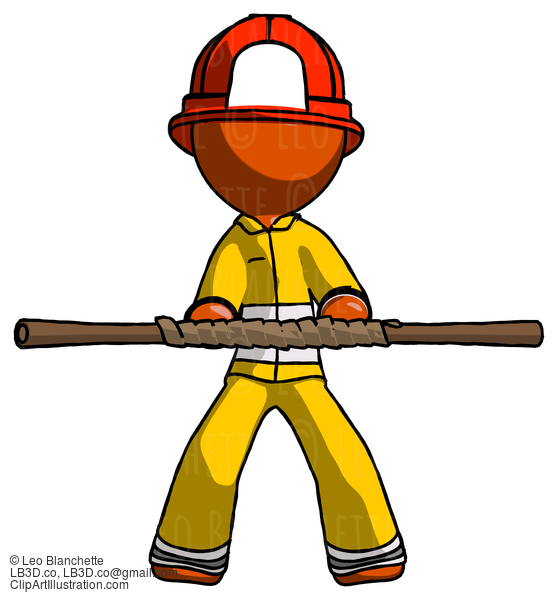 Orange Firefighter Fireman Man Bo Staff Kung Fu Defense Pose #12458