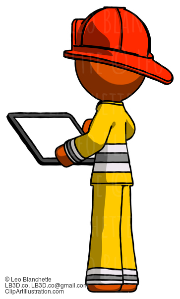 Orange Firefighter Fireman Man Looking At Tablet Device Computer With Back To Viewer #12459