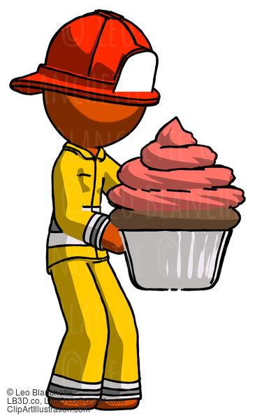 Orange Firefighter Fireman Man Holding Large Cupcake Ready To Eat Or Serve #12462