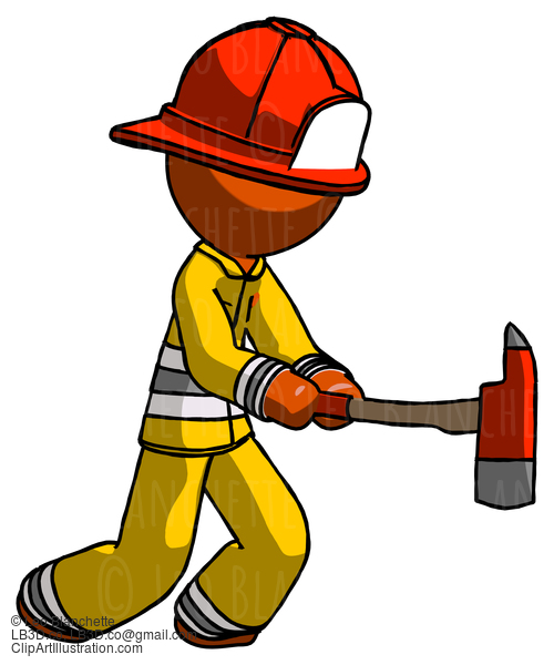 Orange Firefighter Fireman Man With Ax Hitting, Striking, Or Chopping #12470