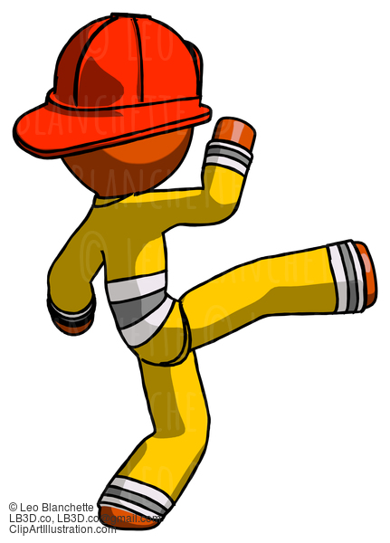 Orange Firefighter Fireman Man Kick Pose #12471