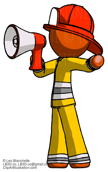 Orange Firefighter Fireman Man Shouting Into Megaphone Bullhorn Facing Left #12472