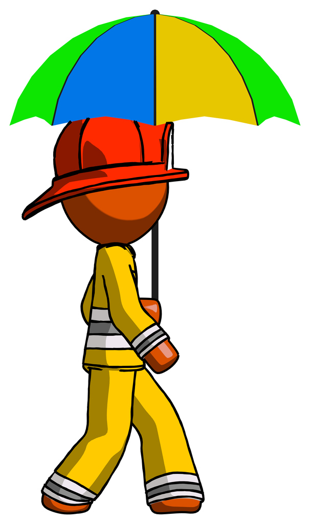 Orange Firefighter Fireman Man Walking With Colored Umbrella