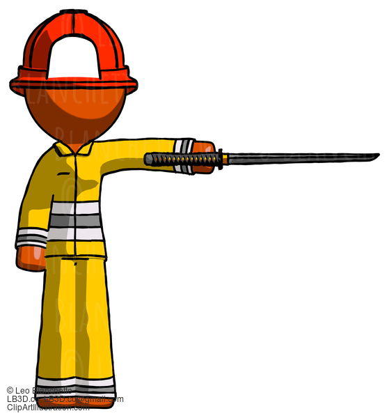 Orange Firefighter Fireman Man Standing With Ninja Sword Katana Pointing Right #12479