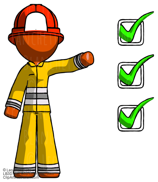 Orange Firefighter Fireman Man Standing By List Of Checkmarks #12480