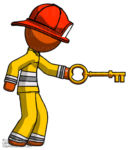 Orange Firefighter Fireman Man With Big Key Of Gold Opening Something #12482