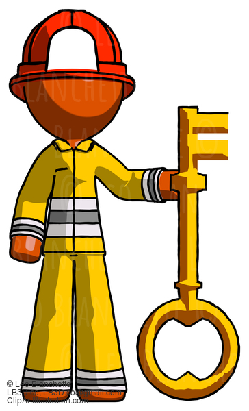 Orange Firefighter Fireman Man Holding Key Made Of Gold #12487