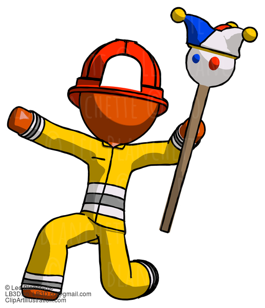 Orange Firefighter Fireman Man Holding Jester Staff Posing Charismatically #12491