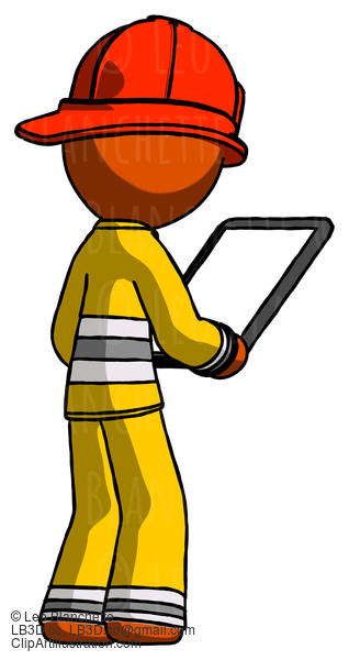 Orange Firefighter Fireman Man Looking At Tablet Device Computer Facing Away #12492