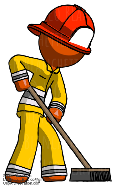 Orange Firefighter Fireman Man Cleaning Services Janitor Sweeping Side View #12496