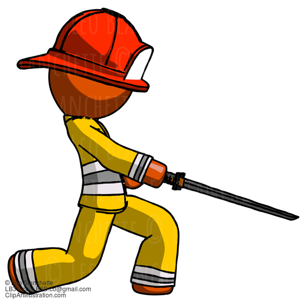 Orange Firefighter Fireman Man With Ninja Sword Katana Slicing Or Striking Something #12497