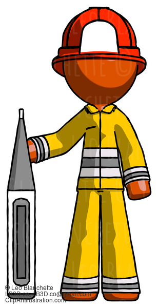 Orange Firefighter Fireman Man Standing With Large Thermometer #12500