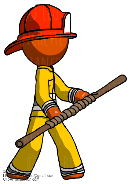 Orange Firefighter Fireman Man Holding Bo Staff In Sideways Defense Pose #12503