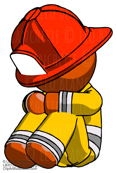 Orange Firefighter Fireman Man Sitting With Head Down Facing Angle Left #12505