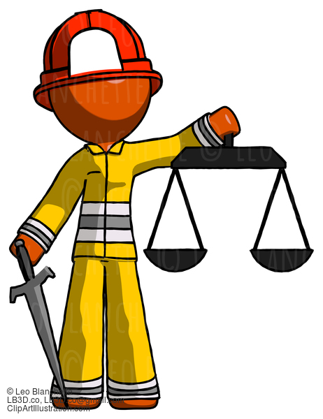 Orange Firefighter Fireman Man Justice Concept With Scales And Sword, Justicia Derived #12508