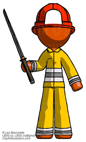 Orange Firefighter Fireman Man Standing Up With Ninja Sword Katana #12509