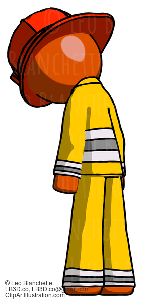 Orange Firefighter Fireman Man Depressed With Head Down, Back To Viewer, Left #12511