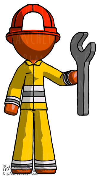 Orange Firefighter Fireman Man Holding Wrench Ready To Repair Or Work #12514