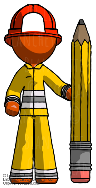 Orange Firefighter Fireman Man With Large Pencil Standing Ready To Write #12515